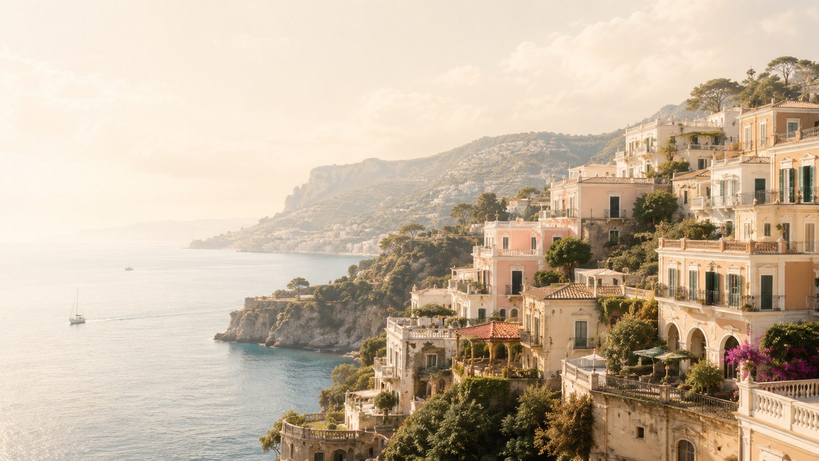 Cliffside Mediterranean village in warm evening light, overlooking the sea