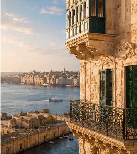 Warm stone balcony overlooking a Malta waterfront