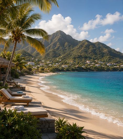 Luxury Caribbean beach with loungers and calm turquoise water