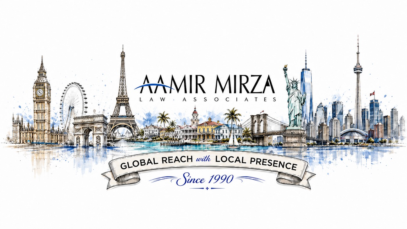 Illustrated skyline collage of London, Paris and New York with the Aamir Mirza Law Associates mark, representing global reach with local presence