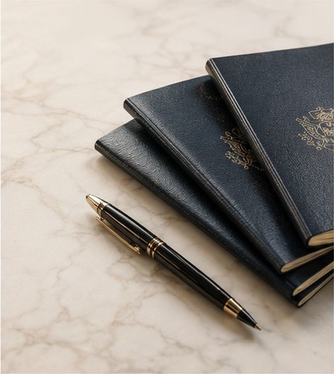 Premium passports and a fountain pen on a marble surface