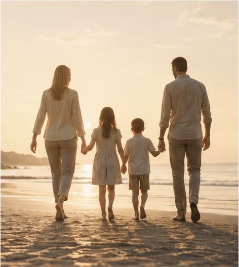 Family walking together along a beach at sunset