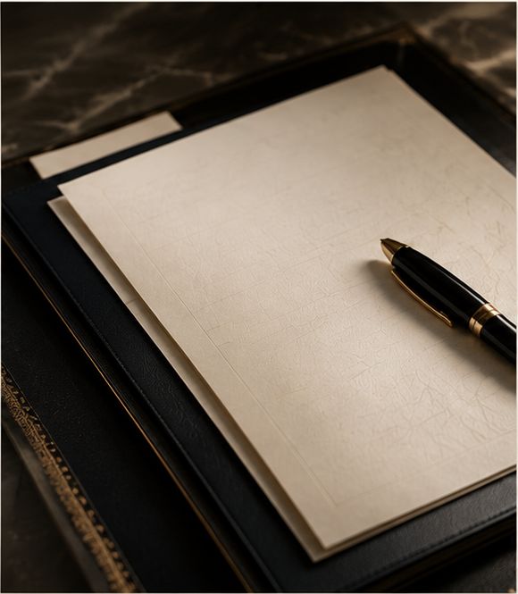 Fountain pen resting on strategy and structuring papers